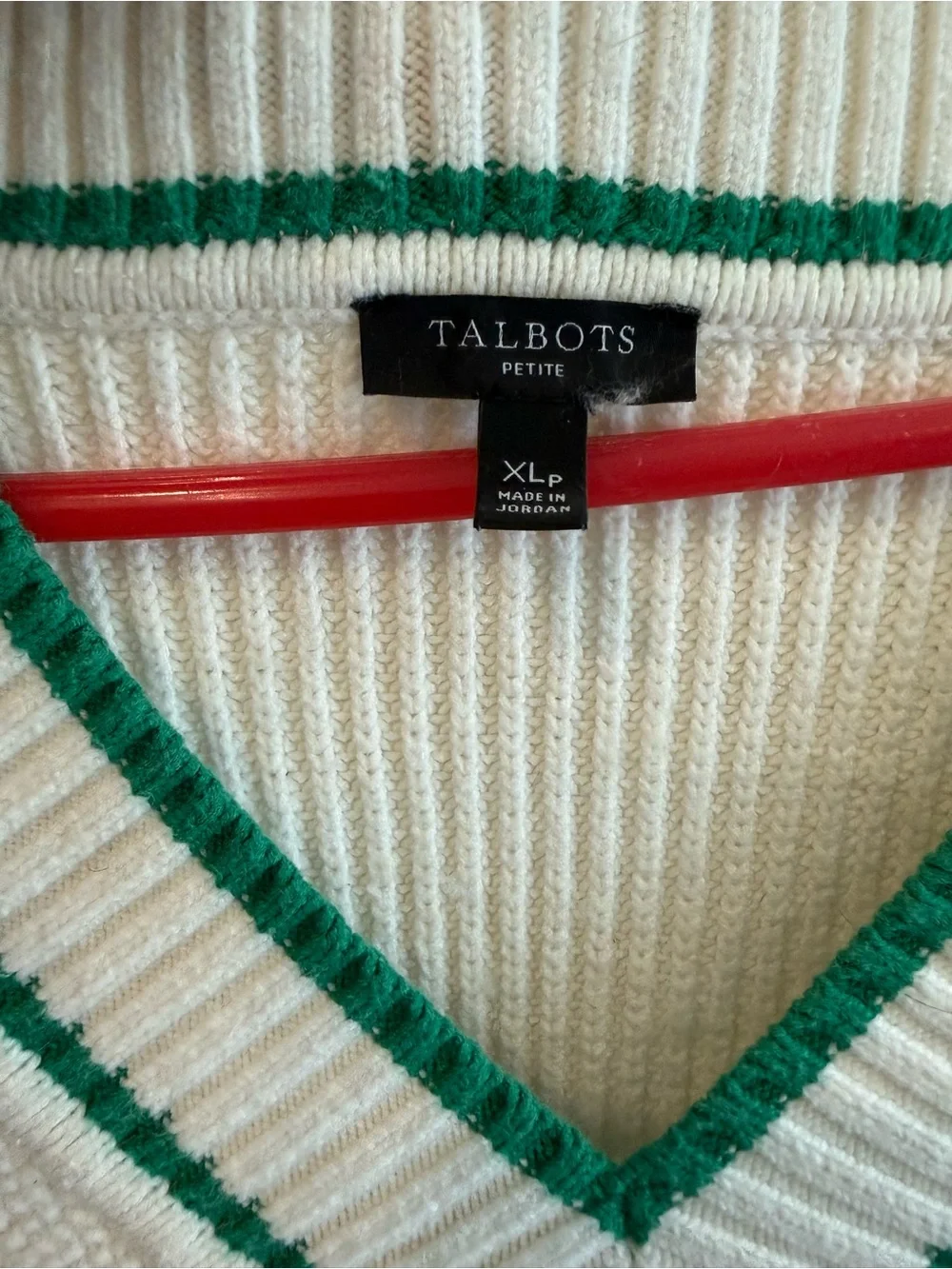 Talbots Cream Cable-Knit V-Neck Sweater Vest with Green Trim